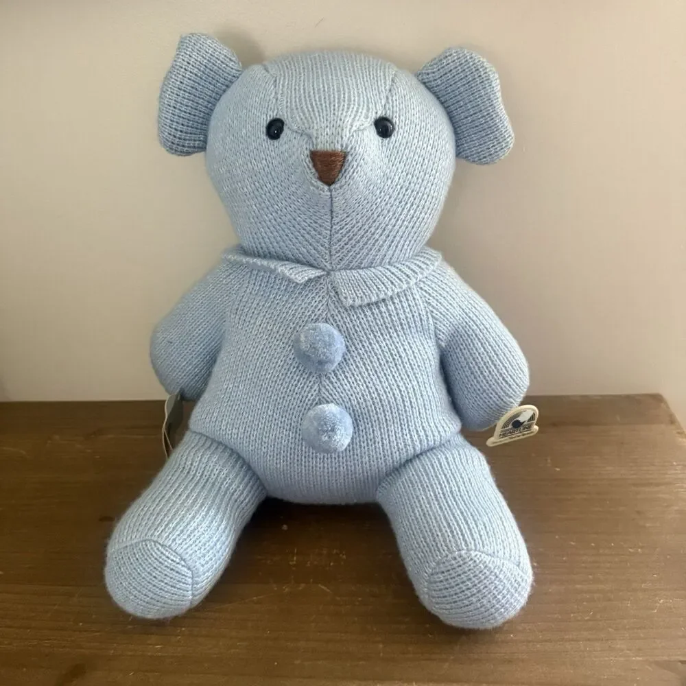 Vintage Blue Knit Teddy Bear 1984 Plush Toy with Tags Heartine Snuggables